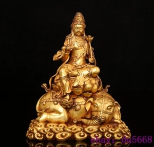 6.6"old Chinese Buddhism Red copper Gilt Kwan-Yin GuanYin elephant Buddha statue - Picture 1 of 9