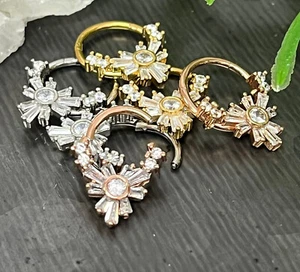 1pc Baguette Gems Flower Hinged Segment Ring 16g Septum Helix Ear Cartilage - Picture 1 of 8