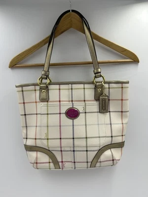 Coach Tote Bag Womens Multicolor Tattersall Plaid Metallic Leather Trim F20093 - Image 1 of 4