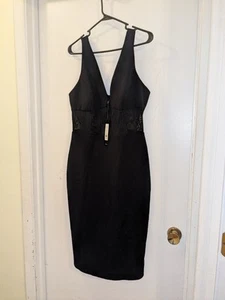 Nuovo abito da cocktail BCBGMaxAzria nero in maglia con mesh midriff taglia 12 prezzo al dettaglio consigliato $298 - Foto 1 di 10