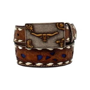 3D Western Boys Belt Leather Pierced Blue Underlay Bucklace Brown D120002202 - Picture 1 of 1