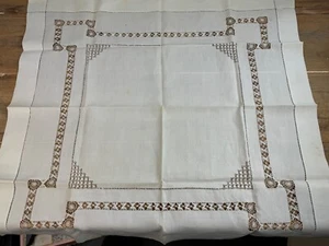 Antique 30" Square Madiera Heavy Estate Linen * Pulled Thread Tablecloth Topper - Picture 1 of 5