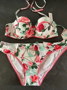Französischer Damen-Bikini rosa & grün Blumenmuster Floozie Frost Größe 12 Unterteil 32B Oberteil - Bild 1 von 9