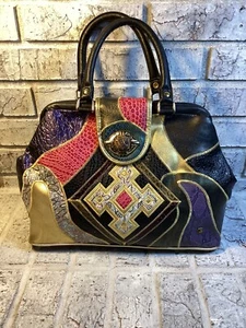 Vintage 80’s NAS Handbag New Wave Patchwork Black Gold Multi Alentino - Picture 1 of 24