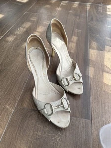 Rare Vintage Gucci Monogram Auth Leather Sandals Heels Slides 38.5 Beige - Picture 1 of 14