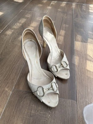 Rare Vintage Gucci Monogram Auth Leather Sandals Heels Slides 38.5 Beige - Image 1 of 4