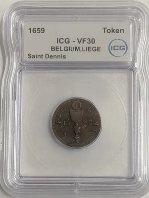 Ficha 1659 Saint Dennis ICG VF30 Bélgica Lieja rara losa de miedo graduada Foto 1 de 4