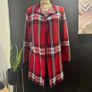 Anne Klein rot karierte Strickjacke Pullover Staubtuch Medium vorne offen Strick - Bild 1 von 7