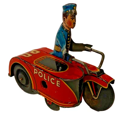 MARX ОЛОВЯННЫЙ WINDUP PD МОТОЦИКЛ с КОЛЯСКОЙ - Изображение 1 из 4