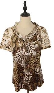 Roberto Cavalli Size 16 Black Tan White Leopard Print Floral Satin Shirt Blouse - Picture 1 of 6