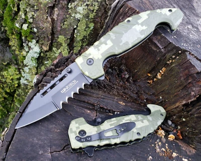 Navaja de Bolsillo Verde Camuflaje Serrado Asistida por Resorte 1065 Acero Quirúrgico EDC Foto 1 de 4