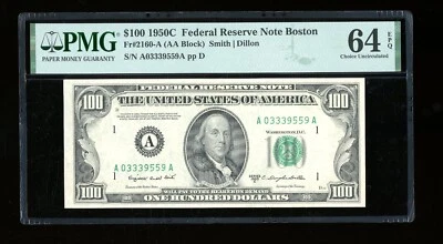 DBR 1950-C $100 FRN Boston Fr. 2160-A PMG 64 EPQ Serial A03339559A - Image 1 of 2