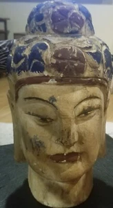 Antique 12" Tall Buddha Head Carved Wood Polychrome-Painted - Picture 1 of 6