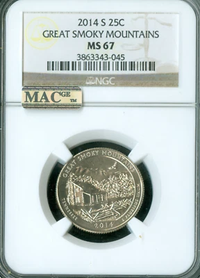 2014 S GREAT SMOKEY MONTAIN Quarter NGC MS67 MAC SPOTLESS . - Image 1 of 2