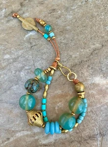 Bohemian Bracelet, Vintage Aqua Resin and African Tribal Beads - Picture 1 of 12