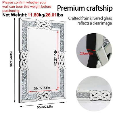 36/40/48''Rectangle Sparkling Crystal Crush Diamond Wall Mirror Venitian Decor - Image 1 of 4