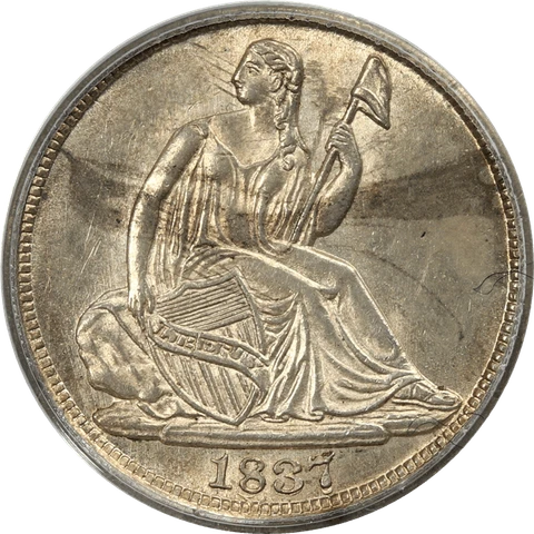 1837 Large Date Seated Liberty H10c, PCGS MS 62  - OGH, No Stars - Double Date Cover