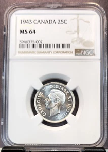 1943 CANADA SILVER 25 CENTS 25C GEORGE VI NGC MS 64 SCARCE BEAUTIFUL BU - Picture 1 of 3