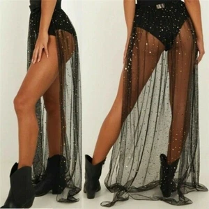 Lady Sequin Mesh Skirts Split Paillette Bandage Long Skirts Black Oversized Sexy - Picture 1 of 5