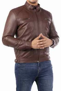 Men's Casual Signature Diamond Sheepskin Leather Jacket-Brown Leather Jacket - Picture 1 of 6