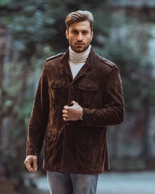 Chaqueta de cuero de campo marrón de lujo para hombre chaqueta de gamuza pura hecha a medida Foto 1 de 4