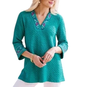 Soft Surroundings Embroidered V-Neck Blouse Women’s 2X Teal Quilted Top - Picture 1 of 12