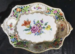 Durchbruchschale, Dresden Potschappel, Blumenmalerei, 29x22cm,725 - Bild 1 von 9