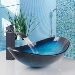 US Bathroom Vessel Sinks Oval Tempered Glass Bowl Black Mixer Faucet Drain Set - Picture 1 of 11