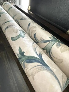 Vintage Wallpaper 2 Rolls Ivory Green & Blue Mayflower Pattern - Picture 1 of 9