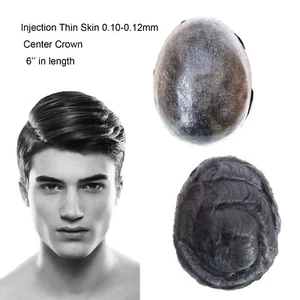 Mens Toupee Human Hair Replacement System Injection Poly Skin Hairpieces 6'' - Picture 1 of 25