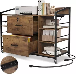6 Tier Open Shelves Rolling File Cabinet with Lock Charging Station Rustic Style - Picture 1 of 9