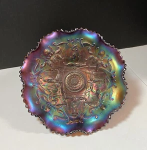 Northwood Wishbone Amethyst Carnival Glass Ruffled 3-Footed Ruffled Bowl - Picture 1 of 9
