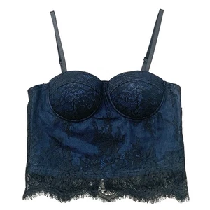 Top Bustier de Encaje Azul Marino Floral Negro Encaje Superpuesto Lencería Corsé Estilo Recortado - Imagen 1 de 9