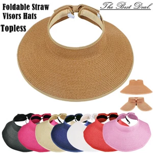 Womens Summer Foldable Straw Sun Visor Hat Roll Up Wide Brim Topless Outdoor Cap - Picture 1 of 20