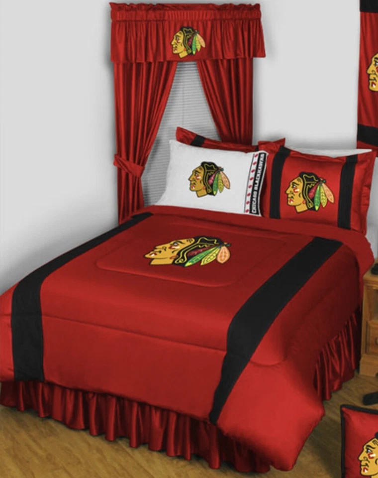 Chicago Blackhawks Cama en Bolsa Queen Set Edredón Cortinas Sábanas AlmohadaSham NHL Foto 1 de 4