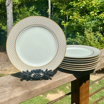 Редкие снятые с производства винтажные обеденные тарелки FITZ & FLOYD Dynasty из белого золота набор из 8 - Изображение 1 из 4