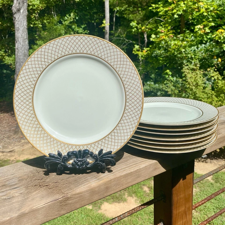 Juego de 8 platos de cena de oro blanco de la dinastía FITZ & FLOYD de colección poco común descontinuado Foto 1 de 4