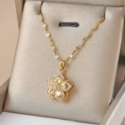 Womens Necklace Rotatable Flower Pendant 18K Gold Plated Stainless Steel Jewelry - Image 1 of 4