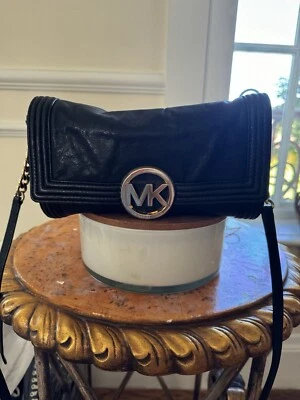 Michael Kors Fulton Bombe Clutch Black Leather Bag Purse Crossbody $258 chain - Image 1 of 4