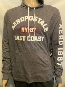 Aeropostale Men Long Sleeve Hooded Lightweight Gray TShirt Pocket Raised Letters - Picture 1 of 8