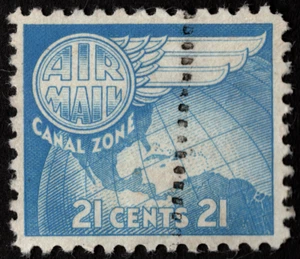 Canal Zone Airmail Stamp Scott # C24 Used F-VF 21 Cents Light Blue Globe & Wing - Picture 1 of 1