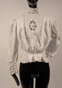 EDWARDIAN PUFF SLEEVE LINEN BLOUSE W ROMANTIC FLORAL INSERT LACE FRONT - Picture 1 of 5