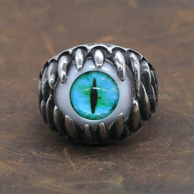 Anillo de acero inoxidable artificial ojo de gato turquesa dientes de dragón motociclista rockero para hombre Foto 1 de 4