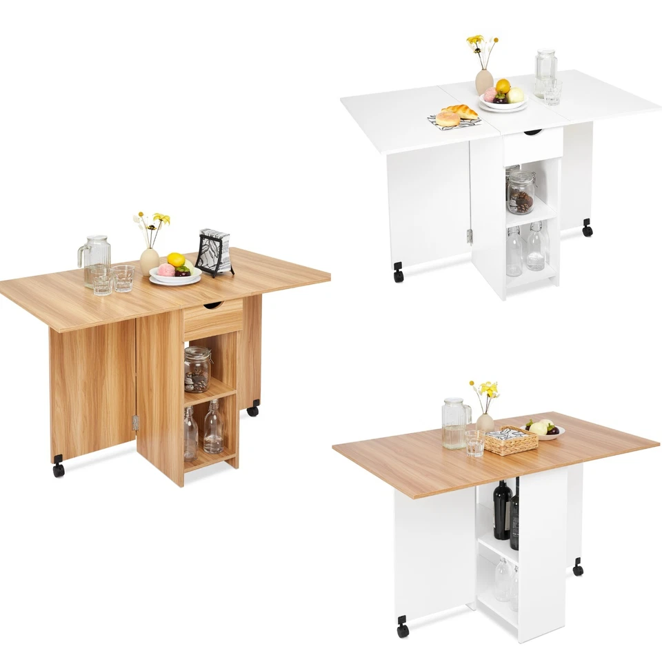 Mondeer UK Folding Dining Table Rolling Drop Leaf with Drawer & 2 Open Shelves - Image 1 of 1