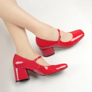 Women Square Toe Block Heels Office OL Shoes Ankle Strap Buckle Mary Janes Pumps - Picture 1 of 29
