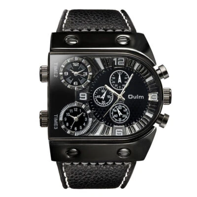 Reloj Pulsera Oulm Cuero Hombre Tres Veces Acero Inoxidable Ejército Deporte Analógico Cuarzo Foto 1 de 4