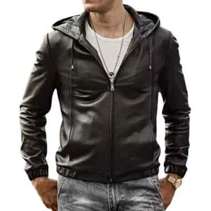 Men's Black Genuine Leather Hooded Jacket Real Lambskin Bomber Jacket Hood Coat - Picture 1 of 7