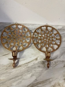 VTG Solid Brass Pierced Heart Wall Sconce Candlestick Holder Set Wall Decor - Picture 1 of 8