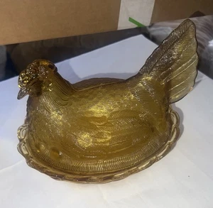 #39 Vintage L.G. Wright Glass Gold Amber Hen On Nest Chicken cover Dish 7”basket - Picture 1 of 24