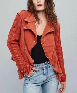 Free People Women’s Ruffle Moto Sweater Jacket Knit Double Breasted Sz S/P - Picture 1 of 3